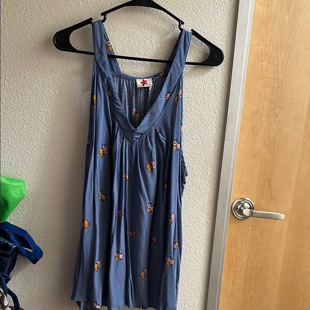 Floral Embroidered Blue Sleeveless Top